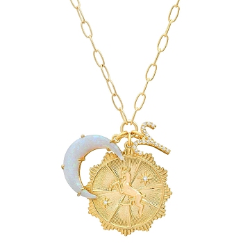 Cubic Zirconia Constellation & Opalite Moon Pendant Necklace, with Golden Brass Paperclip Chains, Aries, 19.69 inch(50cm)