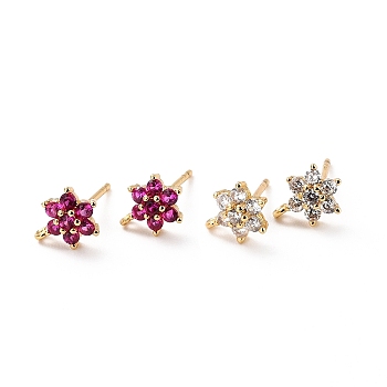 Brass Micro Pave Cubic Zirconia Stud Earrings Findings, Cadmium Free & Lead Free, Flower with Loop, Real 18K Gold Plated, Mixed Color, 9.5x6.5x3mm, Hole: 0.8mm, Pin: 0.9mm