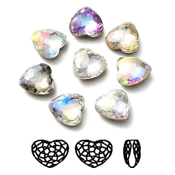 K9 Glass Rhinestone Cabochons, Flat Back & Back Plated, Faceted, Heart, Mixed Color, 12x12mm