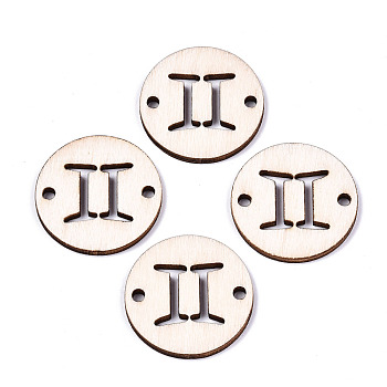 Unfinished Natural Poplar Wood Links Connectors, Laser Cut, Flat Round with Constellation, Gemini, 29.5x2.5mm, Hole: 2.5mm