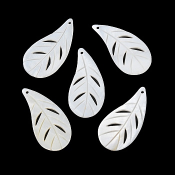 Natural Freshwater Shell Pendants, Hollow Leaf Charms, WhiteSmoke, 44~45x22x2mm, Hole: 1.6mm