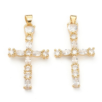 Brass Micro Pave Clear Cubic Zirconia Pendants, Long-Lasting Plated, Cross, Real 18K Gold Plated, 37.5x21x3.5mm, Hole: 4x3.5mm