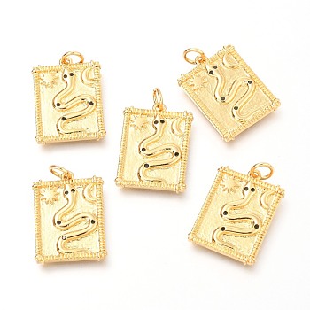 Brass Micro Pave Clear Cubic Zirconia Charms, Rectangle with Snake, Real 18K Gold Plated, 20.5x15x1.8mm, Hole: 3.4mm