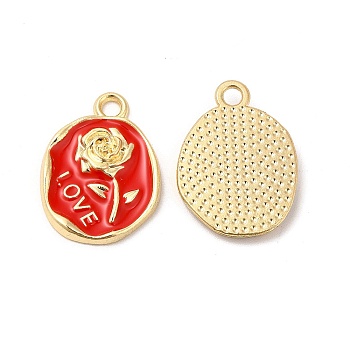Alloy Enamel Pendants, Cadmium Free & Nickel Free & Lead Free, Golden, Oval with Rose & Word Love Charm, Red, 21x15.5x2.5mm, Hole: 2mm