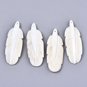 Natural Freshwater Shell Pendants, Carved, Feather, Seashell Color, 42~43x15x3.5mm, Hole: 1.4mm
