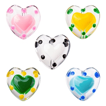 5Pcs 5 Colors Transparent Glass Heart Beads, with Enamel, Mixed Color, 12x11.5~12.5x6.5~7mm, Hole: 0.8~1mm, 1Pc/color