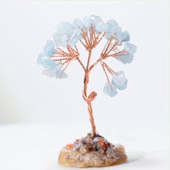 Natural Aquamarine Tree of Life Feng Shui Ornaments, Home Display Decorations, with Agate Slice, 40x35x80mm