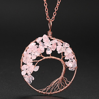 Natural Rose Quartz Chip Tree of Life Pendant Necklaces, Alloy Cable Chain Necklace for Women, 20-7/8 inch(53cm)