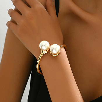 Alloy & Imitation Pearl Open Cuff Bangles for Women, Real 18K Gold Plated