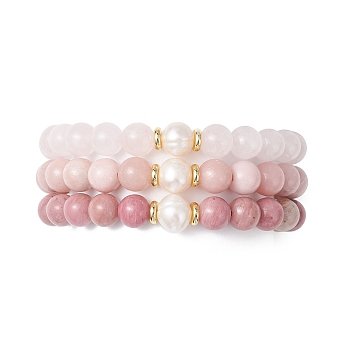 3Pcs Round Natural Rose Quartz & Rhodochrosite & Pink Opal & Pearl Beaded Stackable Stretch Bracelets Sets, Inner Diameter: 2-1/8 inch(5.5cm)