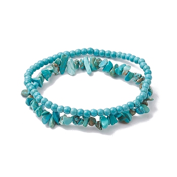 Chip & Round Synthetic Turquoise Beaded Stretch Bracelets for Women, Inner Diameter: 1-7/8~2-1/8 inch(4.7~5.5cm), 2pcs/set