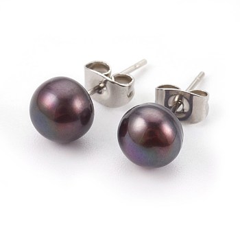 Natural Pearl Beads Ear Studs, with 304 Stainless Steel Findings, Round, Black, 16~18x5~7mm, Pin: 0.7mm