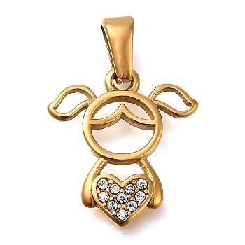 Ion Plating(IP) 304 Stainless Steel Rhinestone Pendants, Girl with Heart Charms, Golden, 16.5x15x1.5mm, Hole: 5x2mm