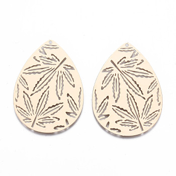 Autumn Theme Brass Pendants, Etched Metal Embellishments, Long-Lasting Plated, Hollow Out Teardrop with Maple Leaf, Light Gold, 45x32x0.5mm, Hole: 1.4mm