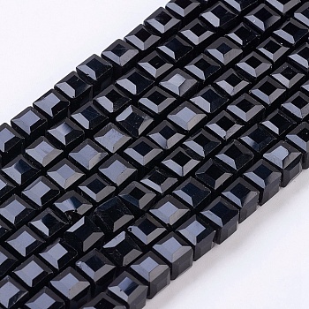 Faceted Black Glass Cube Bead Strands, 6x6x6mm, Hole: 1mm
