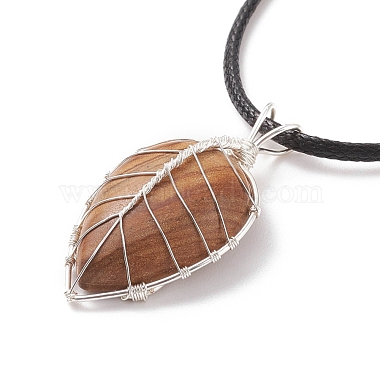 Natural Picture Jasper Leaf Cage Pendant Necklace with Waxed Cords(NJEW-TA00035-04)-4