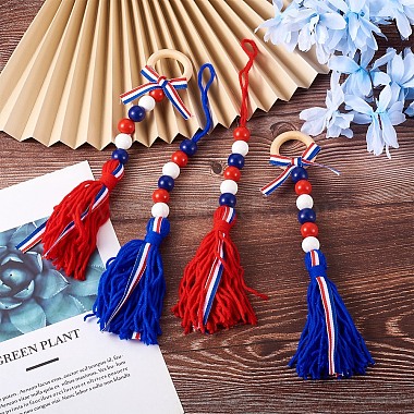 Crafans 4Pcs 2 Style Independence Day Theme Wooden Ring & Woolen Yarn Tassels Pendant Decorations(HJEW-CF0001-20)-6