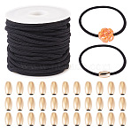 5M Round Nylon Elastic Cord with 100Pcs Gold Plastic Beads, Black, 3mm(DIY-TA0011-37)