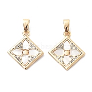 Brass Micro Pave Cubic Zirconia Pendants, with Shell, Rhimbus with Flower Charm, Real 18K Gold Plated, 18x15x1.5mm, Hole: 5x2.5mm(KK-L222-016G)