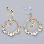 Dangle Stud Earrings, with Glass Beads, Brass Linking Rings and Plastic Ear Nuts, Ring with Moon, Golden, 50mm, Pin: 0.8mm(EJEW-JE04065-02)