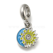 Rack Plating Alloy Enamel European Dangle Charms, Sun & Moon Large Hole Pendants with Crystal Rhinestone, Platinum, Yellow Green, 23.5mm, Hole: 4.5mm, Pendant: 13.5x11x12mm(PALLOY-A009-13P)