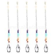 Glass Teardrop Chandelier Pendant Decorations, Hanging Suncatchers, Chakra Gemstone Chips and Quartz Crystal Beads Chain for Home Office Garden Decoration, Golden, 218mm(HJEW-JM00856)