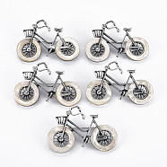 Bicycle Shape Natural White Shell Brooch Pin, Alloy with Rhinestone Lapel Pin for Backpack Clothing, Lead Free & Cadmium Free, Antique Silver, Beige, 34~35x50~52x10~12mm, Hole: 6x4mm, Pin: 0.7mm(G-N333-010A-RS)
