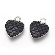 304 Stainless Steel Pendants, with Resin, Heart with Fish Scale Shape, Stainless Steel Color, Black, 16x13x3.5mm, Hole: 2mm(STAS-F184-B11)