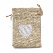 Linen Pouches, Drawstring Bag, Rectangle with White Heart Pattern, Tan, 14x10x0.5cm(ABAG-I009-01C)
