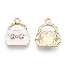 Alloy Enamel Pendants, with Crystal Rhinestone, Light Gold, Bag, White, 19x16x3mm, Hole: 2mm(ENAM-S119-050E)