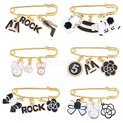 6Pcs 6 Style Bowknot & Heart & Bag & Number 5 Enamel Charms Safety Pin Brooches Set, Golden Iron Lapel Pins for Backpack Clothes, Mixed Color, 26~37x50~55mm, 1Pc/style(JEWB-FH0001-29)