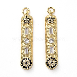 Brass Micro Pave Cubic Zirconia Pendants, with Jump Rings, Long Oval, Black & Clear, Golden, 34.5x7x3.5mm, Hole: 3mm(KK-I658-42G)