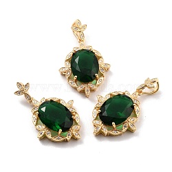 Rack Plating Brass Micro Pave Green Cubic Zirconia Pendants, Long-Lasting Plated, Oval, Real 18K Gold Plated, 28x22x7.5mm, Hole: 8x4mm(KK-D070-08G)