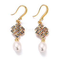 Chinese Knot Sparkling Cubic Zirconia Flat Round Pendant Dangle Earrings for Her, Real 18K Gold Plated Brass Earrings with Acrylic Pearl Beads, Colorful, 52.5mm, Pin: 1mm(ZIRC-C025-19G)