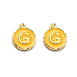 Golden Plated Alloy Enamel Charms, Enamelled Sequins, Flat Round with Alphabet, Letter.G, Yellow, 14x12x2mm, Hole: 1.5mm(ENAM-Q437-13G)