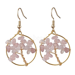 Natural Rose Quartz Chips Dangle Earrings, Tree of Life Copper Wire Wrap Drop Earrings, 45~47x24~25mm(EJEW-JE05726-01)