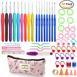 DIY Crochet Tool Sets, including Aluminum Crochet Hooks Needles, Plastic Locking Stitch Marker, Tape Measure, Needle, Storage Bag, Mixed Color, 58pcs/set(SENE-PW0003-100A)