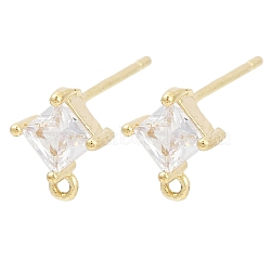 Brass Micro Pave Clear Cubic Zirconia Stud Earring Findings, with Loop, Real 18K Gold Plated, Rhombus, 8.5x7mm, Hole: 1mm, Pin: 0.8x11.5mm(KK-Z099-02G-03)