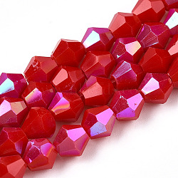 Opaque Solid Color Electroplate Glass Beads Strands, AB Color Plated, Faceted, Bicone, Crimson, 6x5.5mm, Hole: 1.2mm, about 45~47pcs/strand, 10.24~10.63 inch(26~27cm)(EGLA-A039-P6mm-L02)