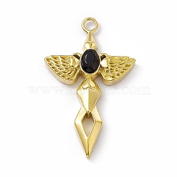Vacuum Plating 201 Stainless Steel Pendants, with Rhinestone, Real 18K Gold Plated, Sword with Wing Charms, Jet, 44.5x27x6mm, Hole: 3mm(STAS-J401-VC1009)