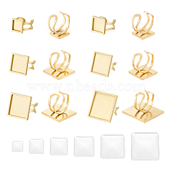 201 Stainless Steel Cuff Pad Ring Settings, Laser Cut, Transparent Glass Square Cabochons, Golden, Tray: 10~25x10~25mm, US Size 7 1/4~US Size 8(DIY-UN0055-89)