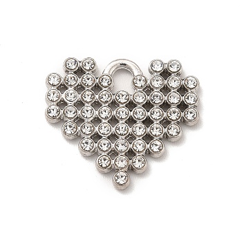 Alloy Crystal Rhinestone Pendants, Heart Charm, Platinum, 17x19.5x2mm, Hole: 3mm