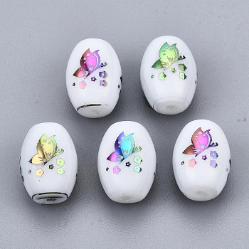 Electroplate Glass Beads, Barrel with Butterfly Pattern, Colorful, 11x8mm, Hole: 1.2mm, about 200pcs/bag