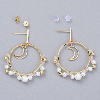 Dangle Stud Earrings, with Glass Beads, Brass Linking Rings and Plastic Ear Nuts, Ring with Moon, Golden, 50mm, Pin: 0.8mm