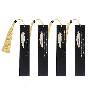 Stainless Steel Bookmarks, with Polyester Tassel, Rectangle with Feather Pattern, Black, 260mm