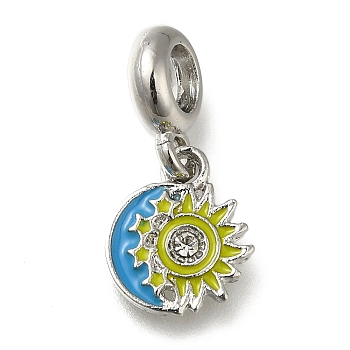 Rack Plating Alloy Enamel European Dangle Charms, Sun & Moon Large Hole Pendants with Crystal Rhinestone, Platinum, Yellow Green, 23.5mm, Hole: 4.5mm, Pendant: 13.5x11x12mm