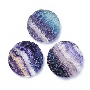 Carved Natural Fluorite Pendants, Round with Bird & Flower, 37~42x7.5mm, Hole: 0.8mm