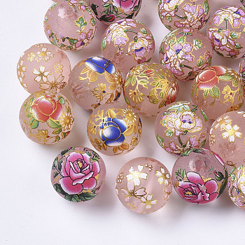 Printed Resin Beads, Frosted, Round with Flower Pattern, Pink, 17mm, Hole: 2mm