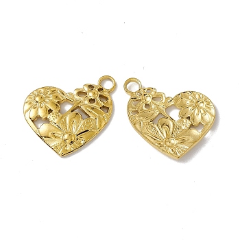 Vacuum Plating 304 Stainless Steel Pendants, Heart with Flower, Golden, 24x25x2.5mm, Hole: 3mm
