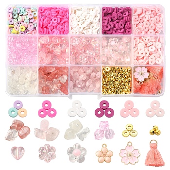 DIY Jewelry Making Finding Kit, Including Polymer Clay Disc & Natural & Mixed Stone Chips & Acrylic Heart Beads, Iron & Brass Spacer Beads, Polycotton Tassel & Alloy Enamel Flower Pendnats, Pink